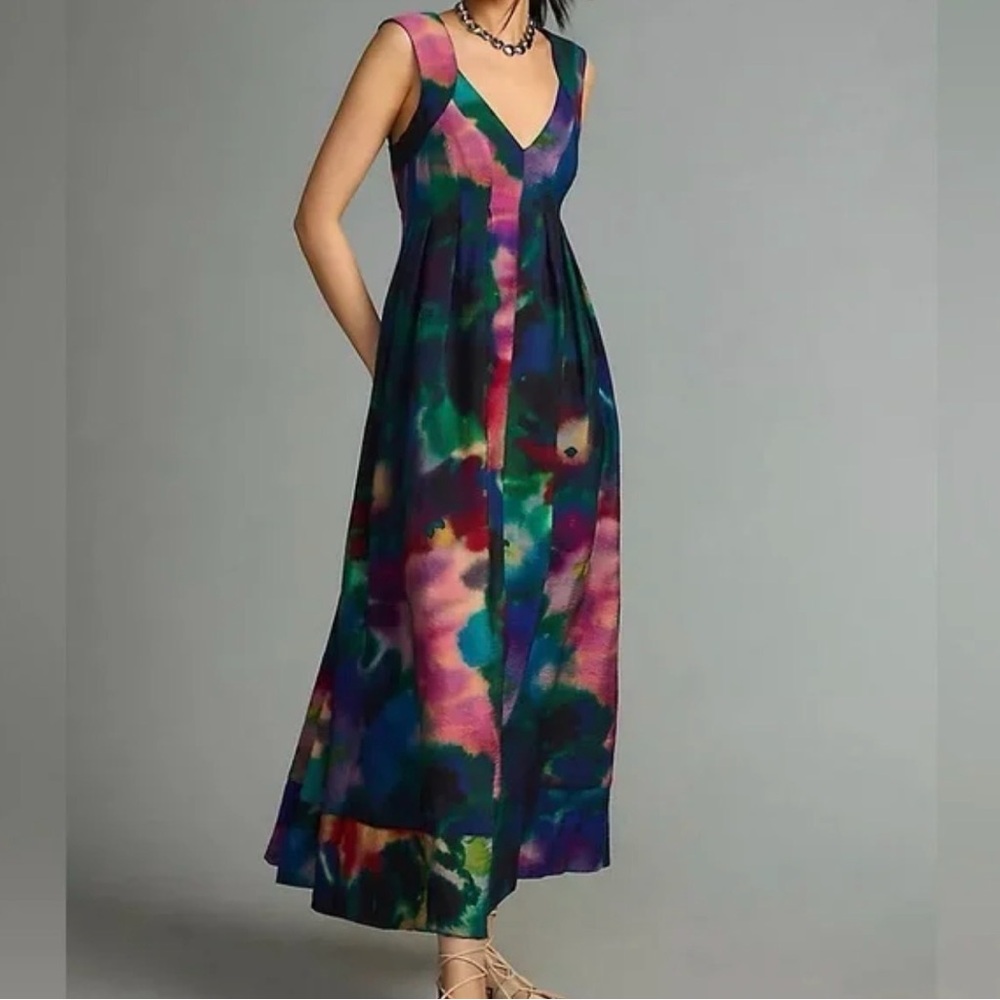 Anthropologie printed v-neck pleated a-line dress